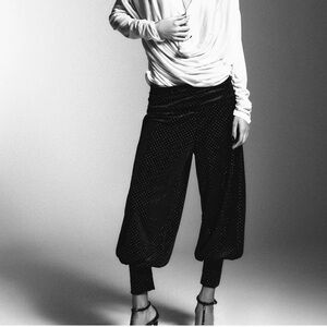 NWT Zara Shiny Velvet Baggy Trousers Sequin Sparkle Ruched Joggers Black Small